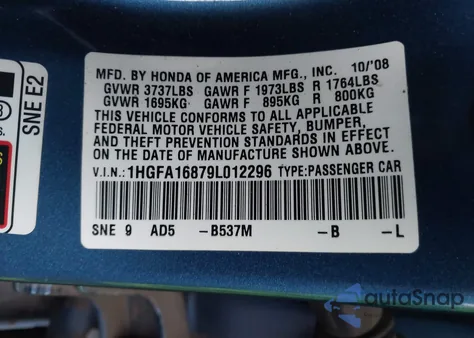 2009 Honda Civic Ex from USA, damaged, VIN 1HGFA16879L012296